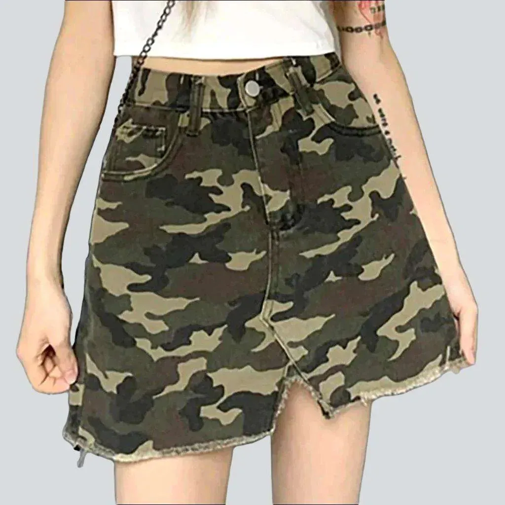 Mini split camouflage denim skirt