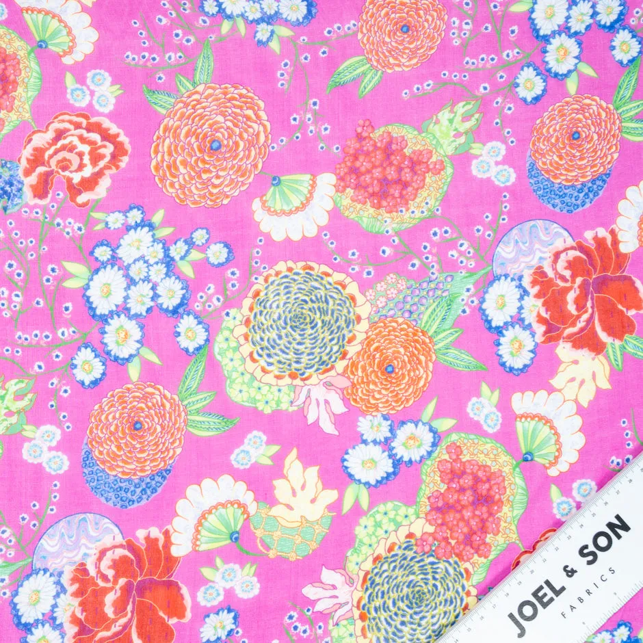 Multi-Coloured Floral Printed Rich Pink Pure Silk Chiffon