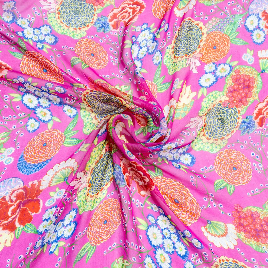 Multi-Coloured Floral Printed Rich Pink Pure Silk Chiffon