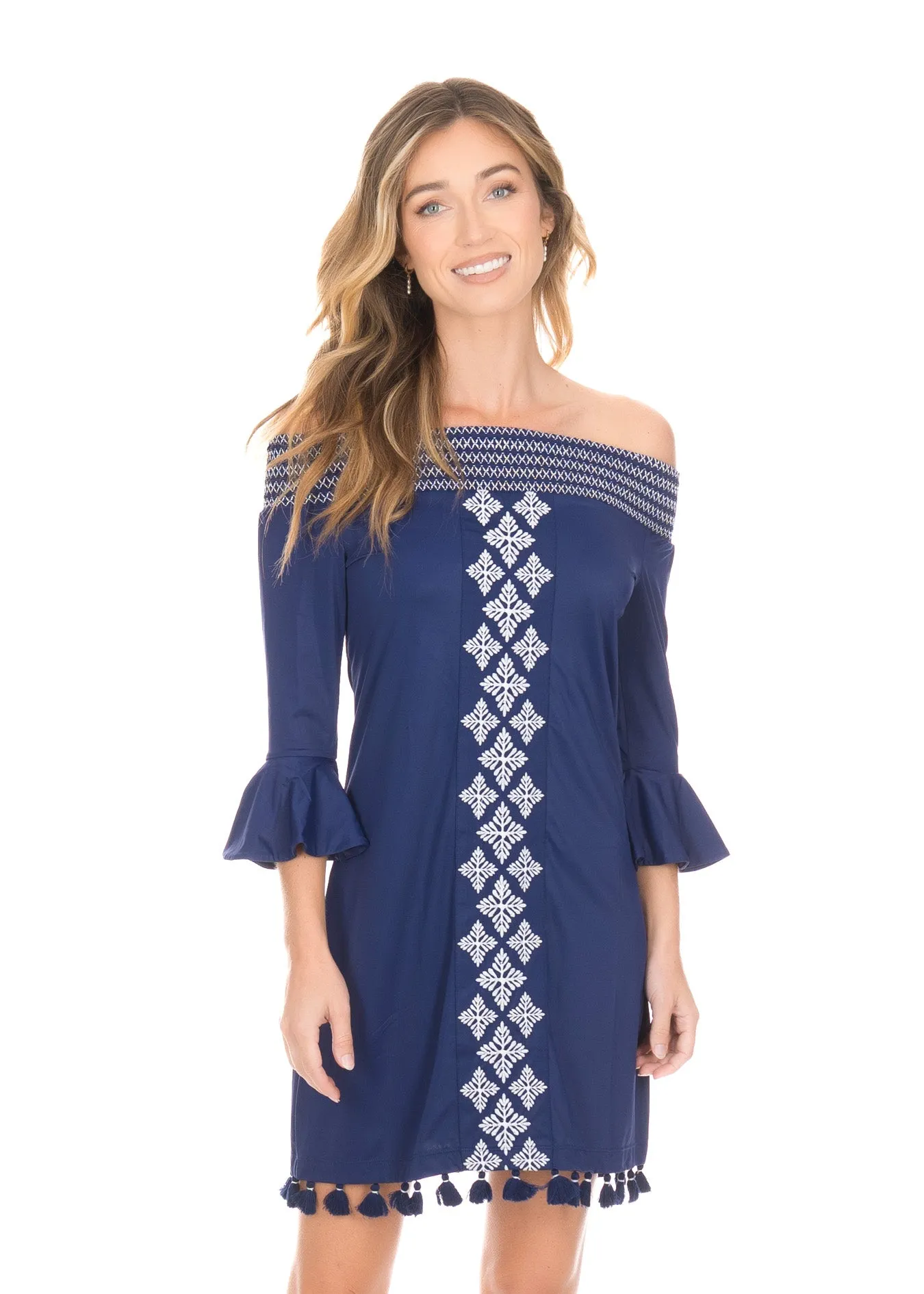 Navy Embroidered Off The Shoulder Dress