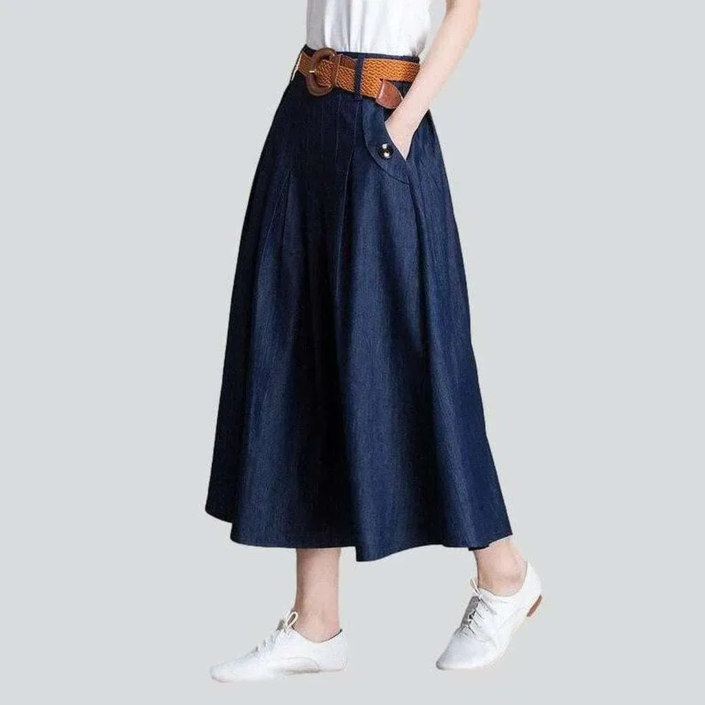 Navy flare long denim skirt