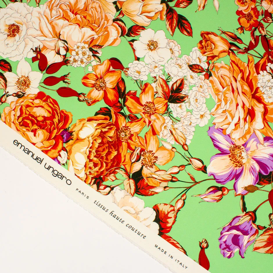 Orange & Purple Floral Printed Green Stretch Silk Crêpe