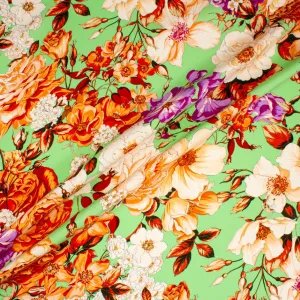 Orange & Purple Floral Printed Green Stretch Silk Crêpe