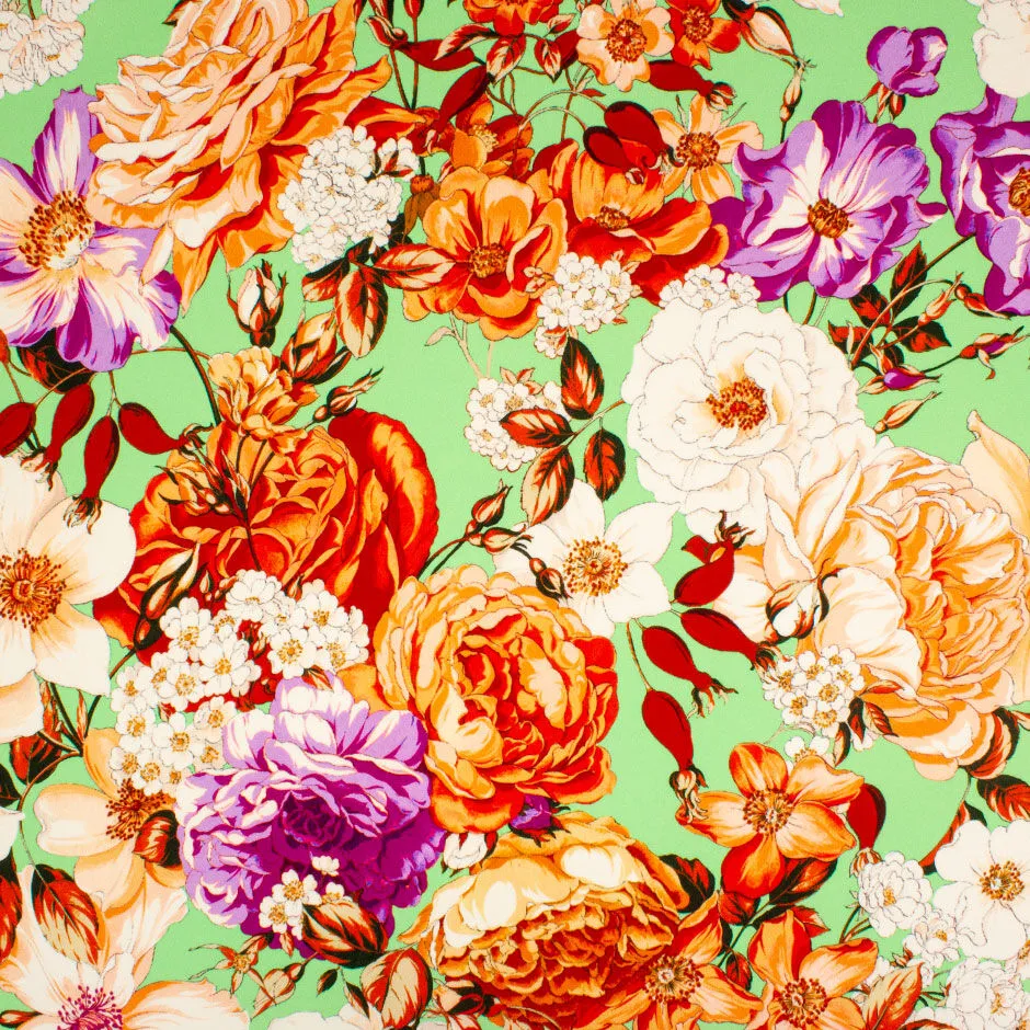 Orange & Purple Floral Printed Green Stretch Silk Crêpe