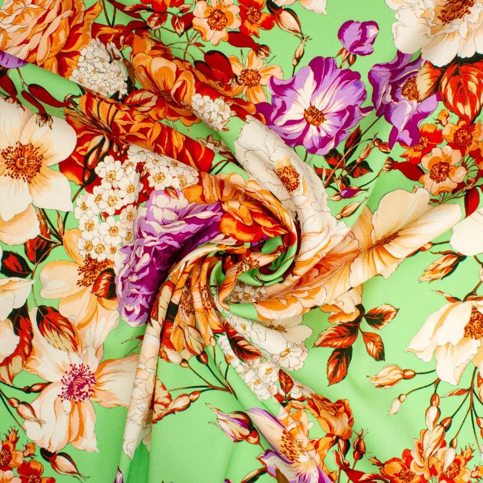 Orange & Purple Floral Printed Green Stretch Silk Crêpe