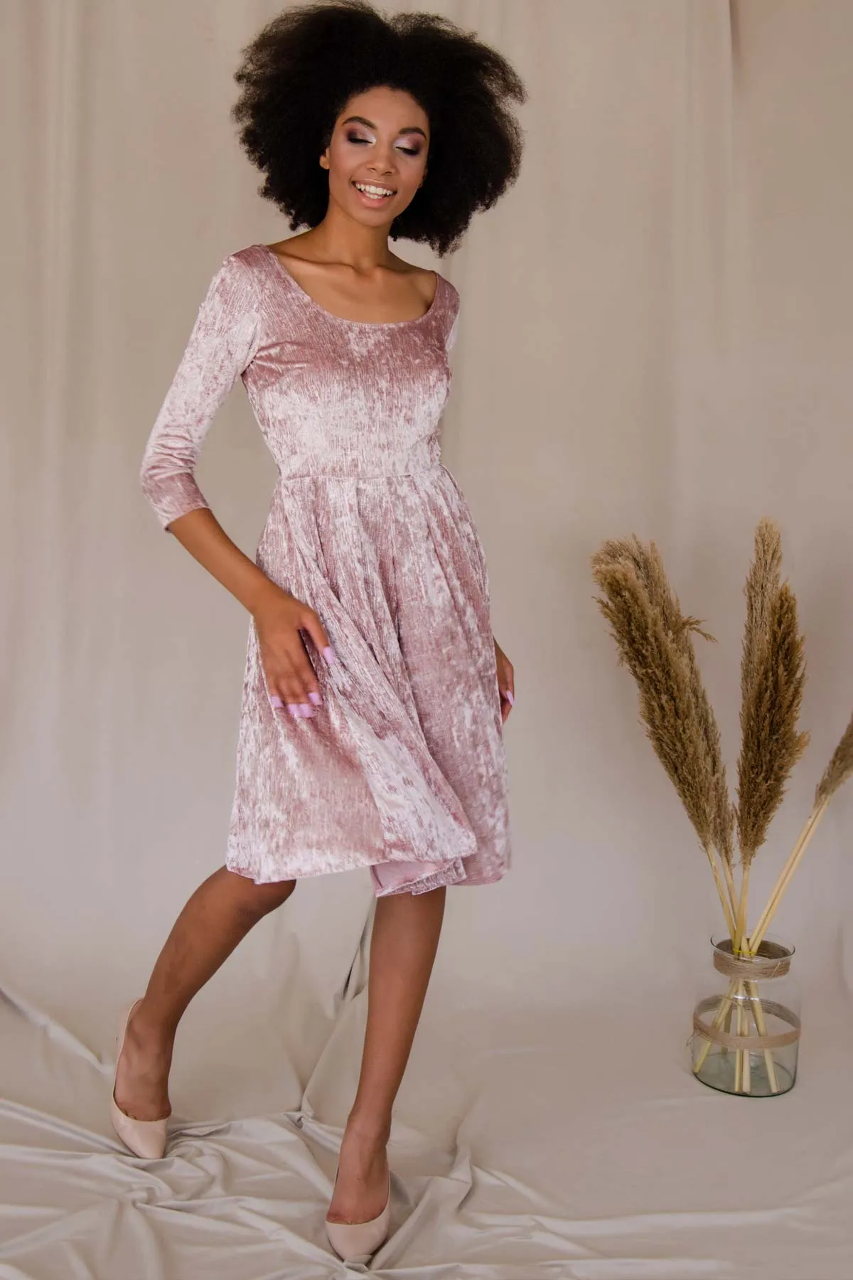 Pale Pink Crushed Velvet Skater Easter Party Mommy & Me Dresses