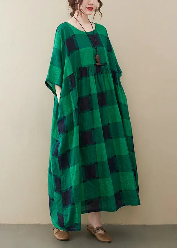 Plus Size Green Plaid O-Neck Pockets wrinkled Long Dresses Half Sleeve