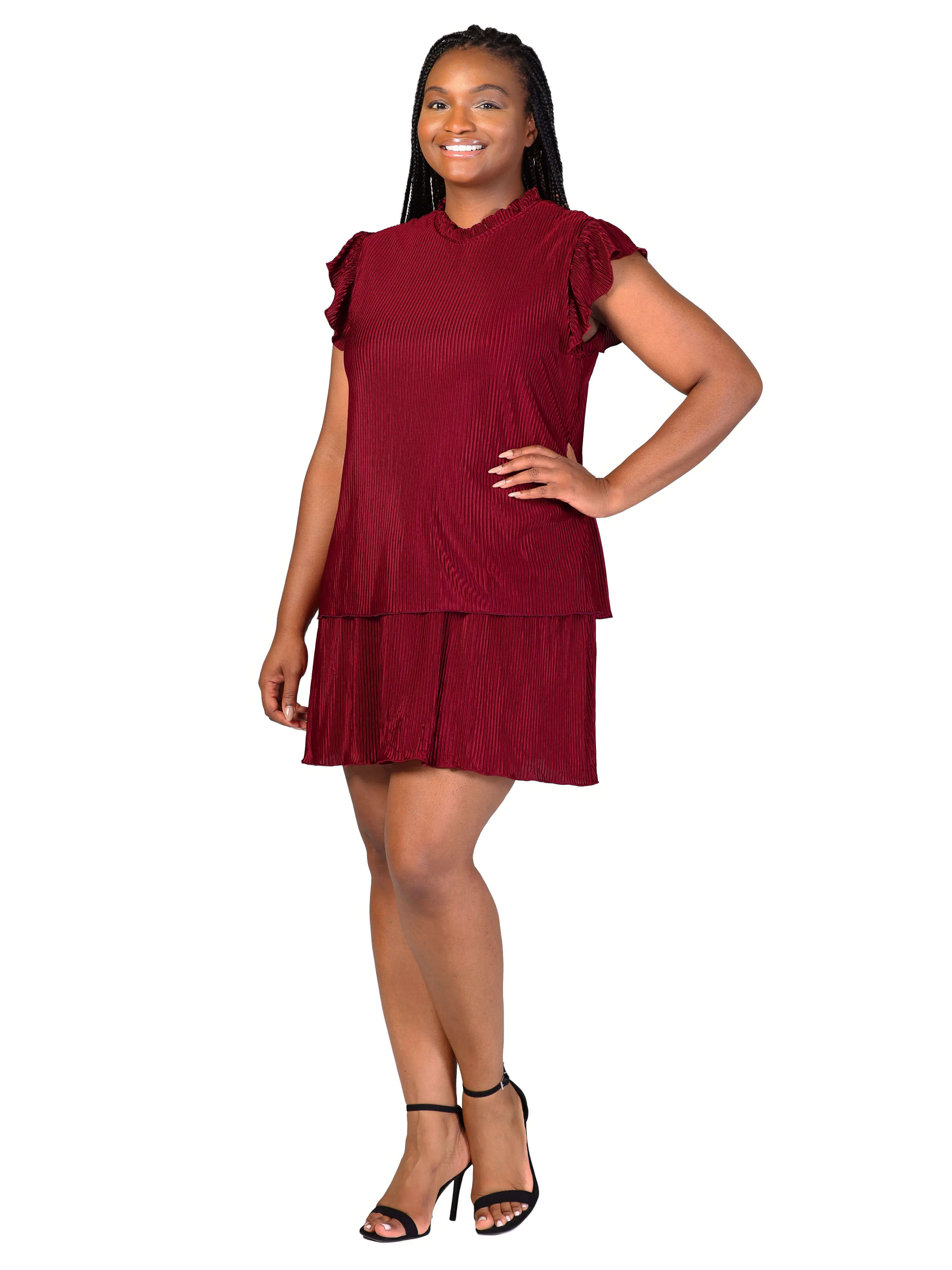 Plus Size Ruffle Cap Sleeve High Neck Pleated Tiered Mini Dress