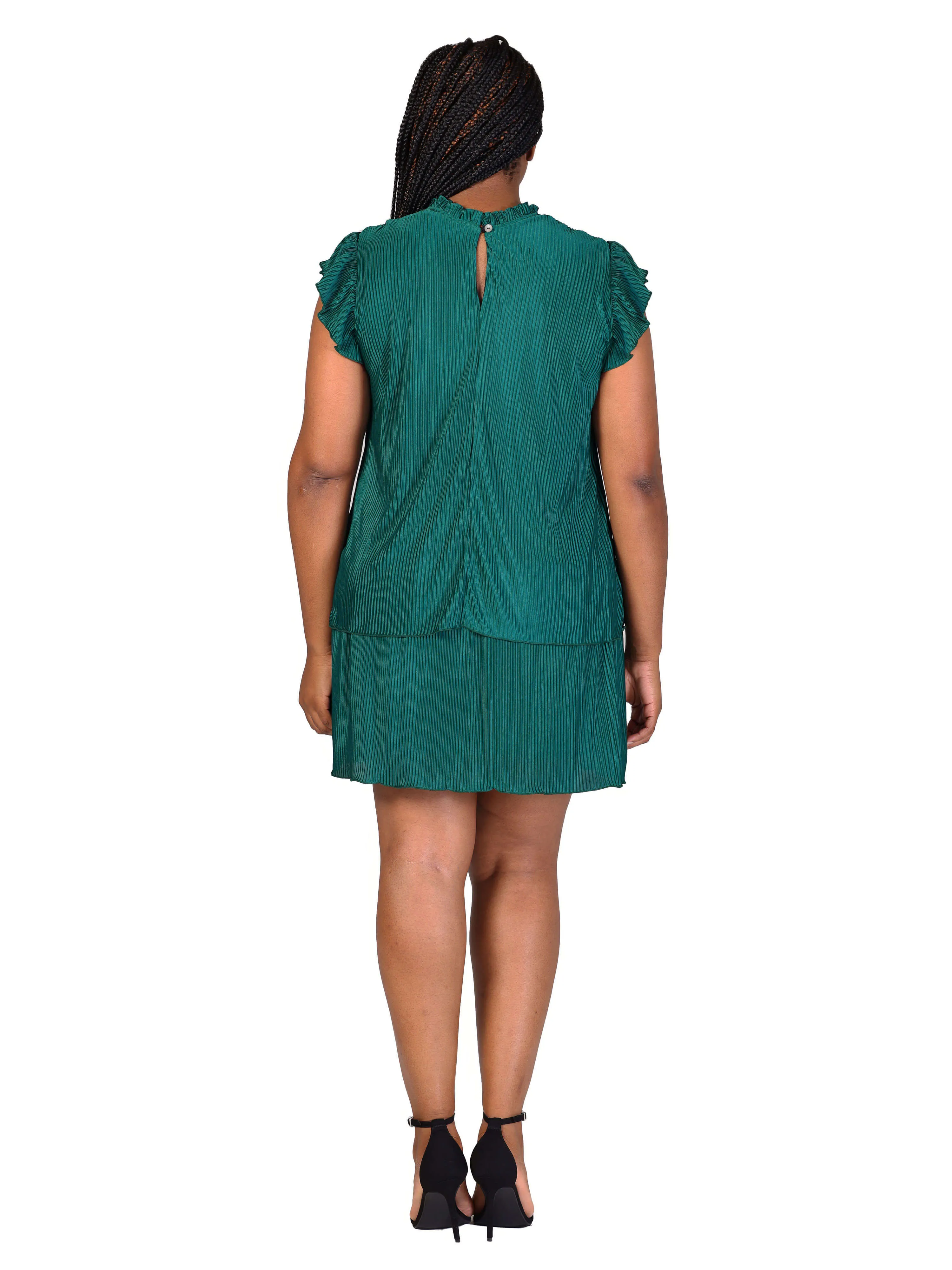 Plus Size Ruffle Cap Sleeve High Neck Pleated Tiered Mini Dress