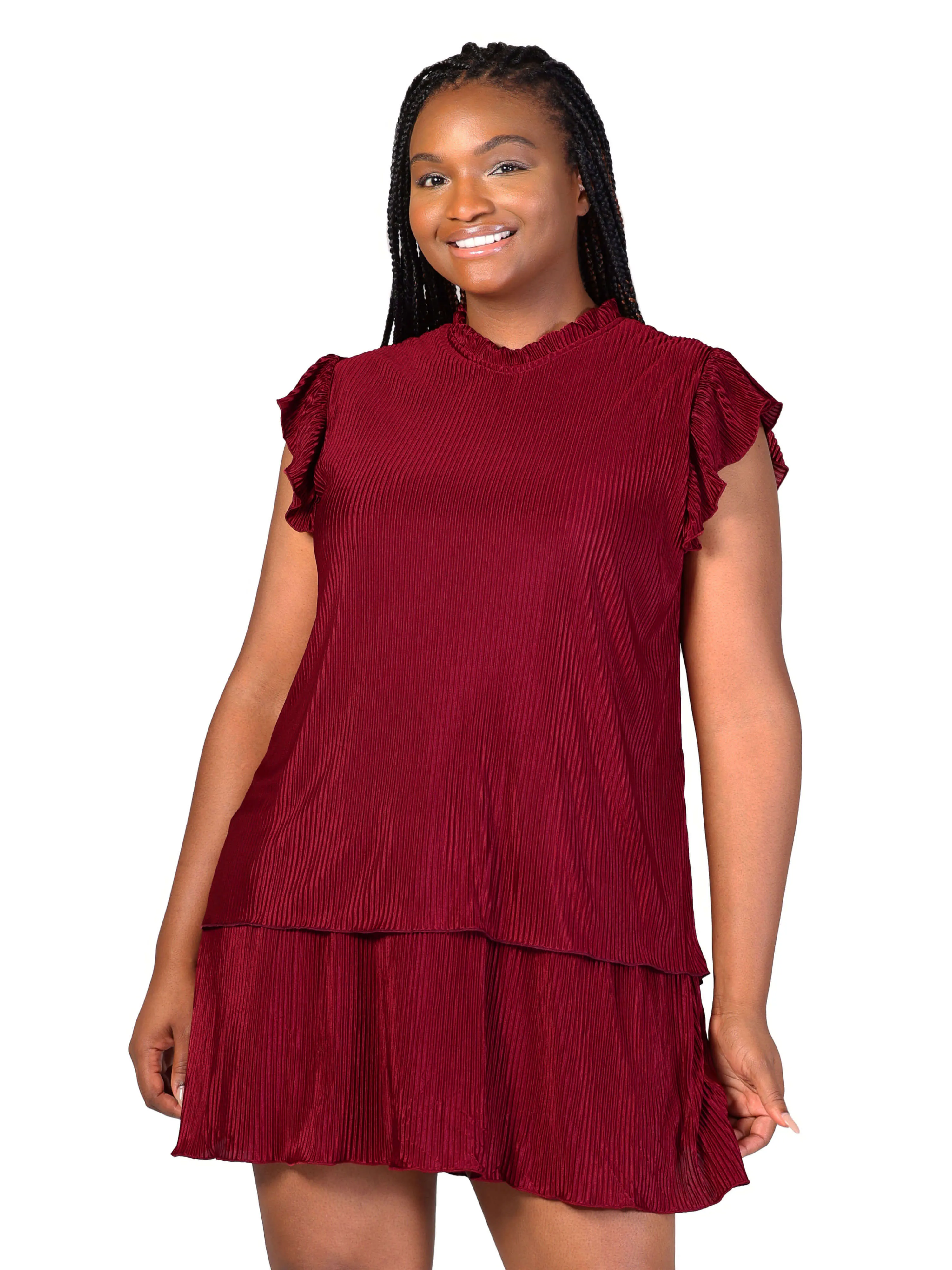 Plus Size Ruffle Cap Sleeve High Neck Pleated Tiered Mini Dress