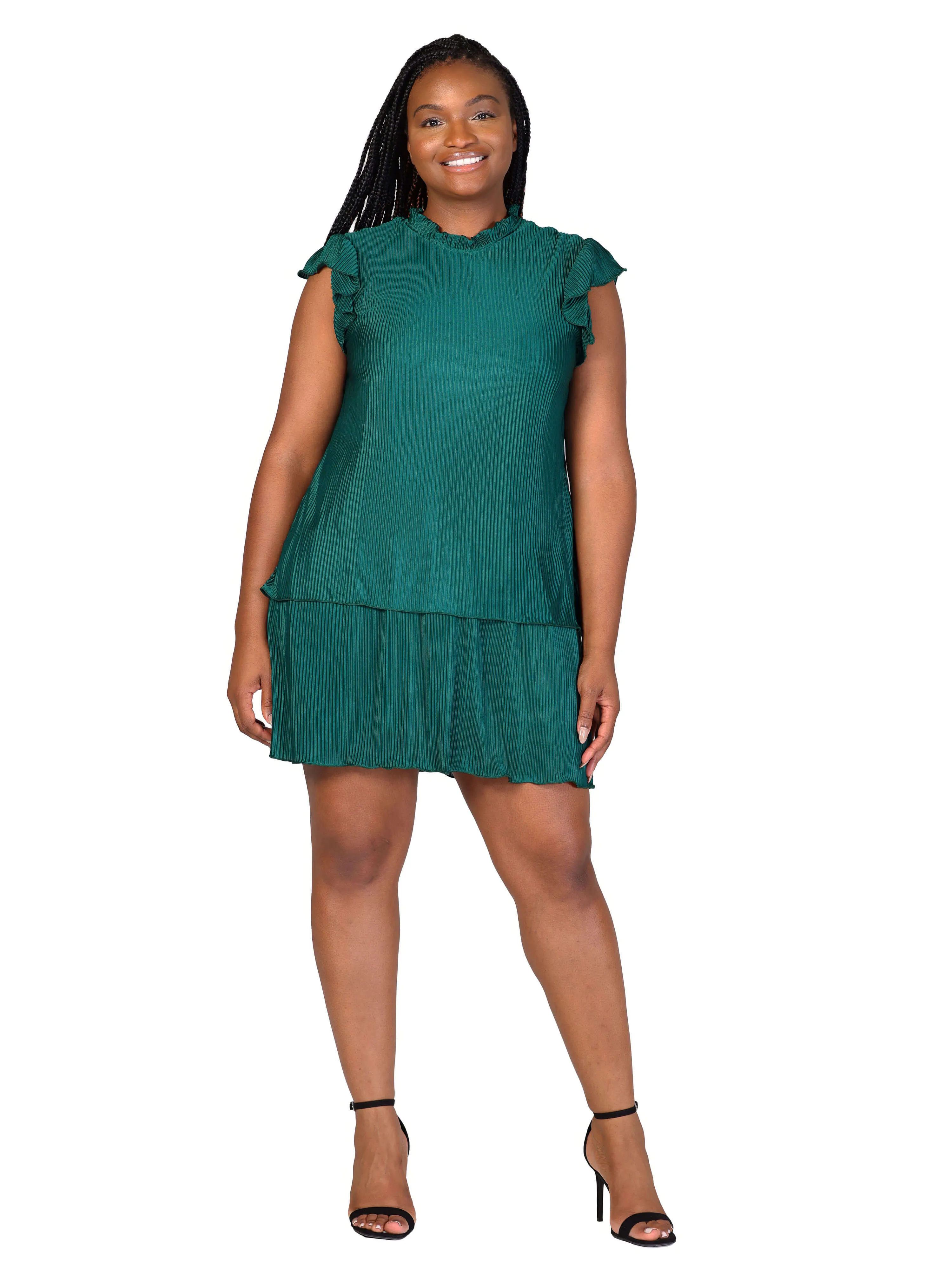 Plus Size Ruffle Cap Sleeve High Neck Pleated Tiered Mini Dress