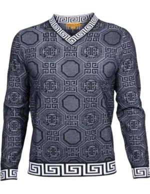 Prestige Men's Black V-Neck Sweaters Long Sleeves Greek Key Trim