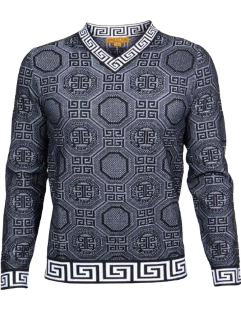 Prestige Men's Black V-Neck Sweaters Long Sleeves Greek Key Trim