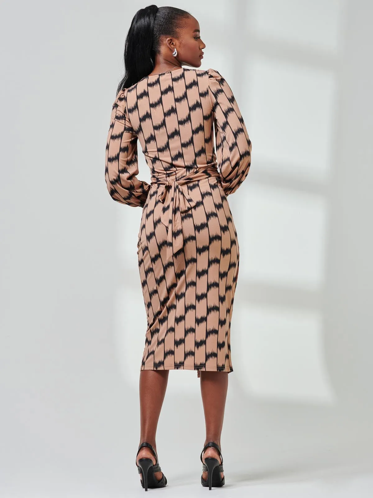 Print Long Sleeve Jersey Pencil Dress, Black/Stone