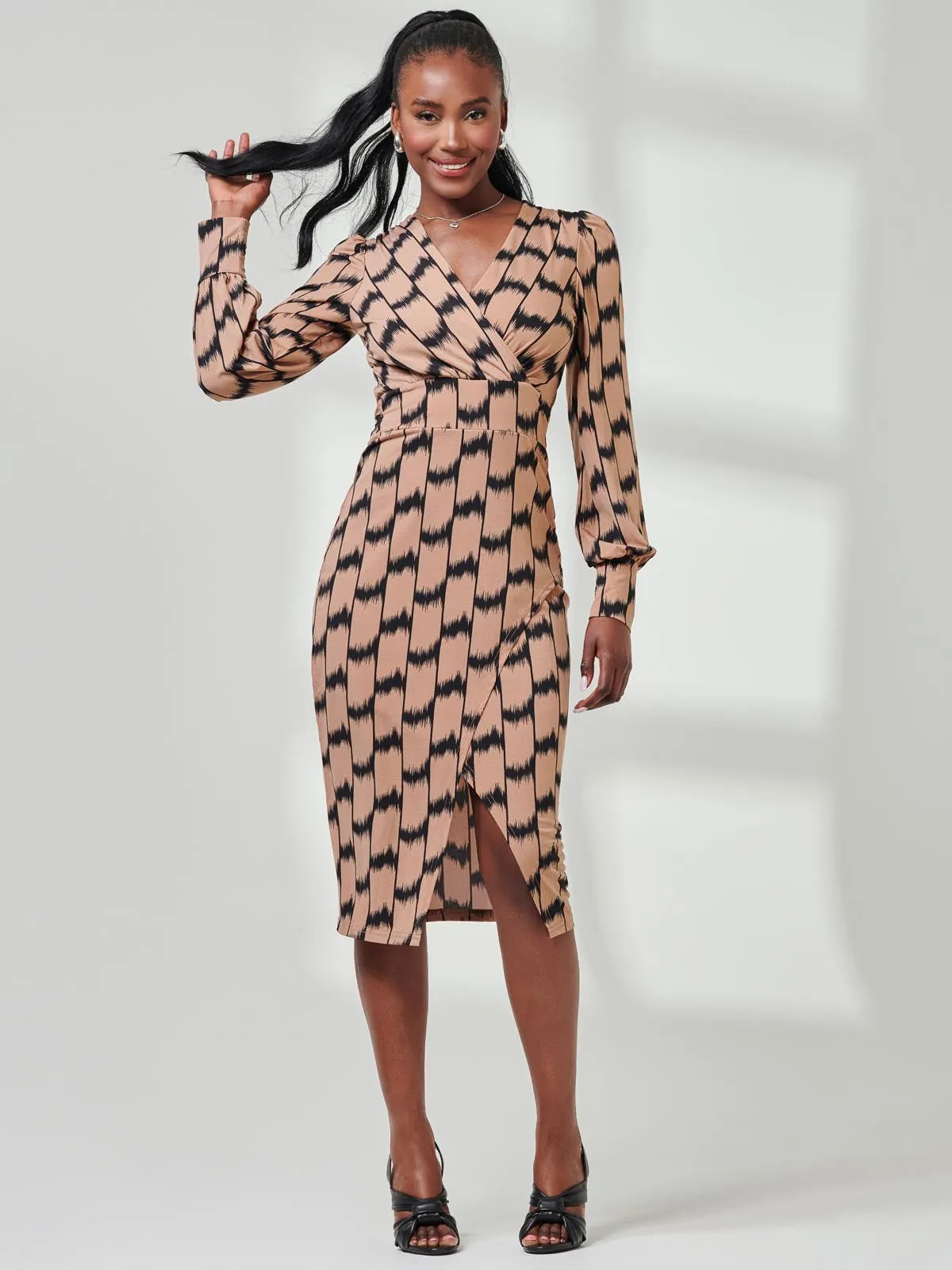 Print Long Sleeve Jersey Pencil Dress, Black/Stone