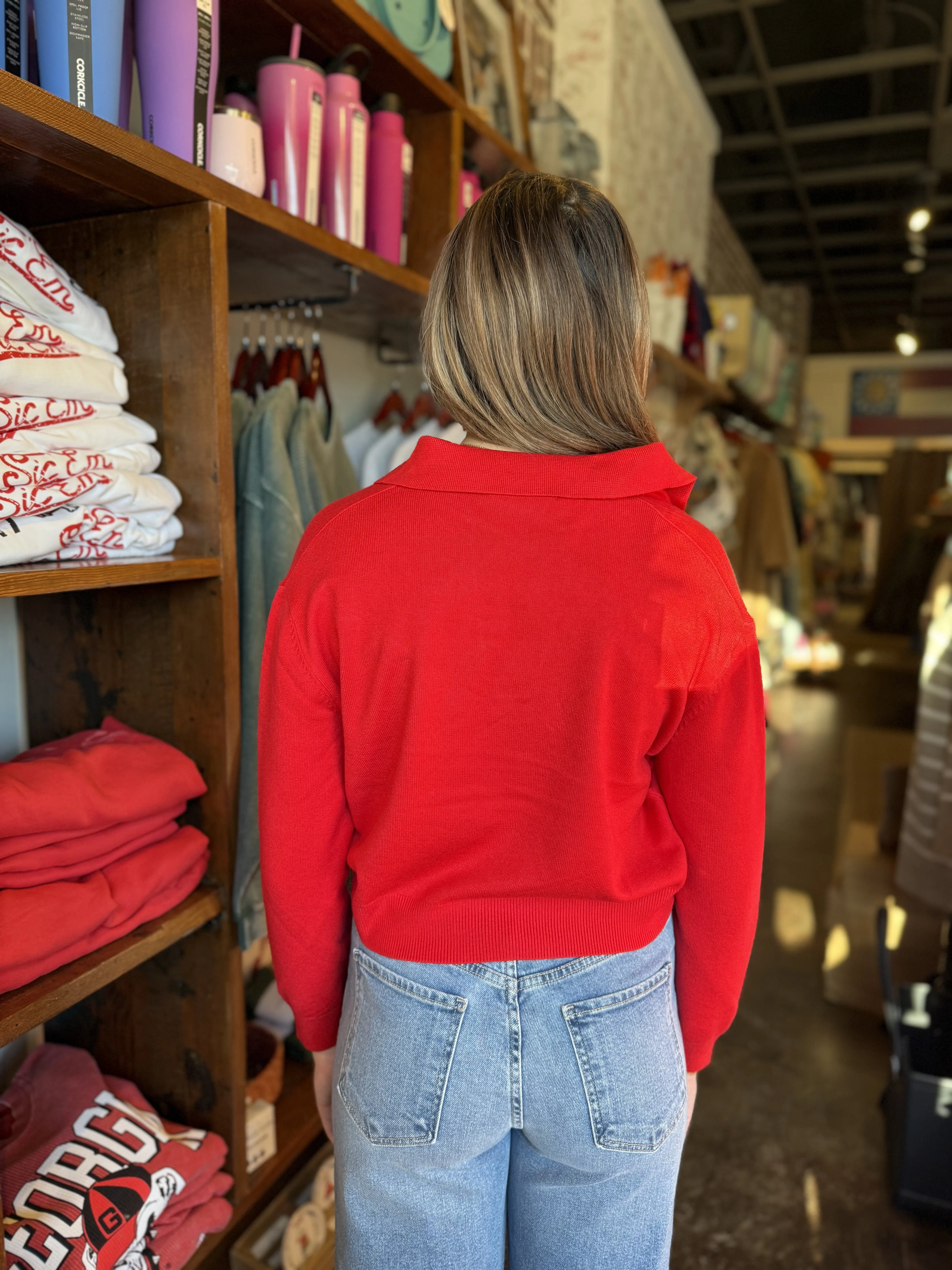 Red Solid V-Neck Collar Sweater