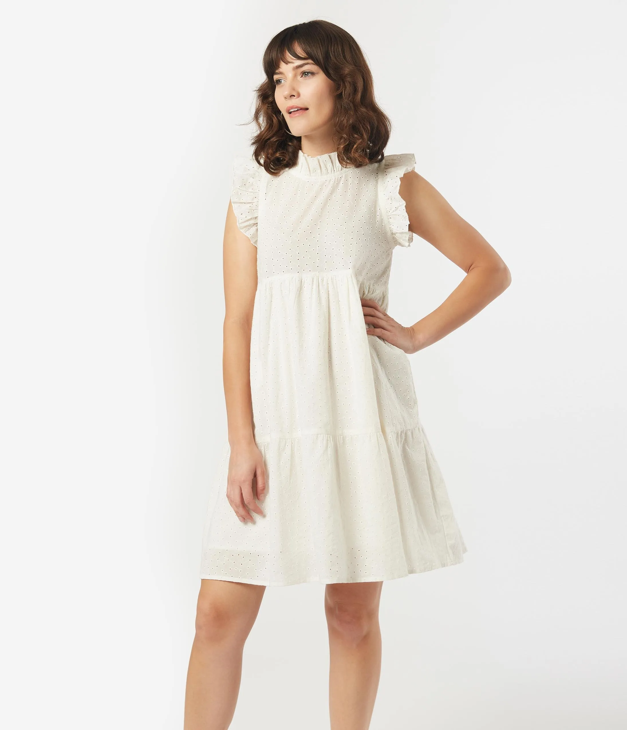 Retro Style Ivory Eyelet Ruffle A-Line Dress