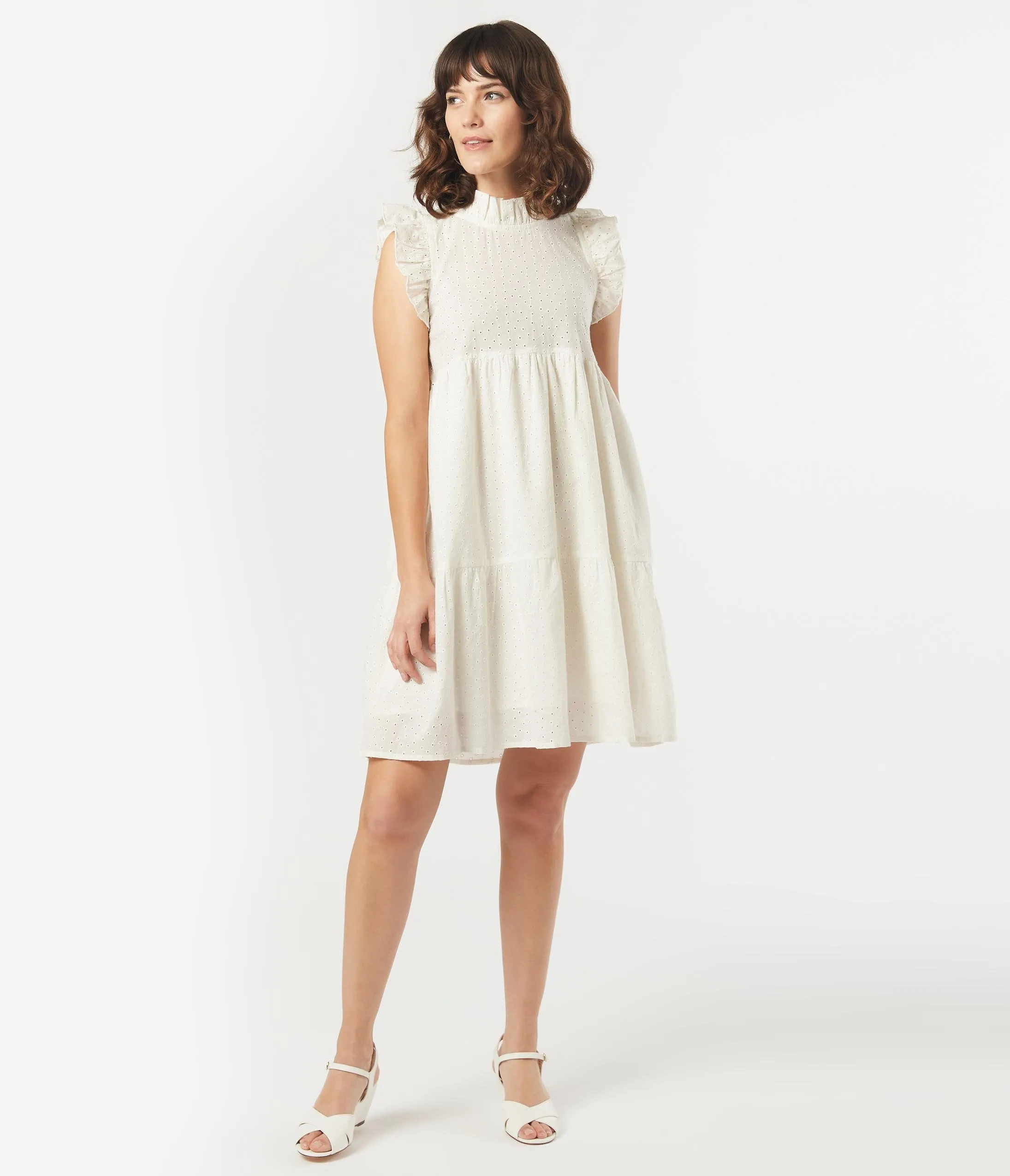 Retro Style Ivory Eyelet Ruffle A-Line Dress