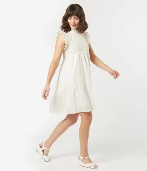 Retro Style Ivory Eyelet Ruffle A-Line Dress