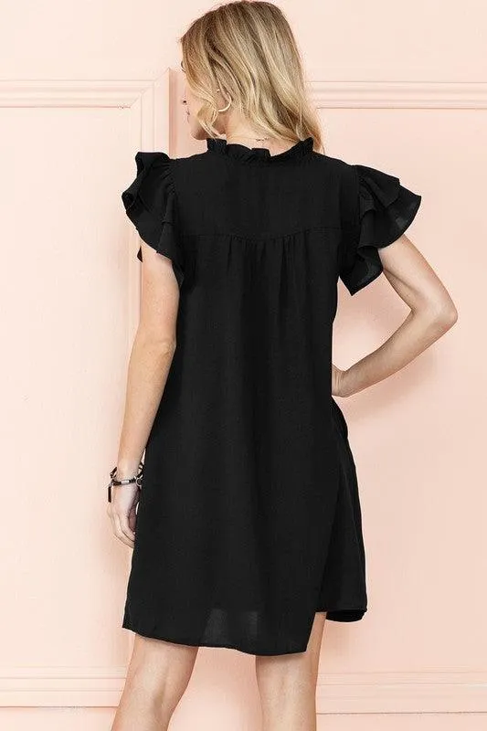 Ruffle Sleeve V neck dress w/ pocket