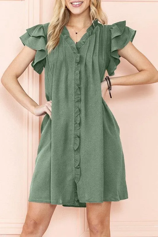 Ruffle Sleeve V neck dress w/ pocket