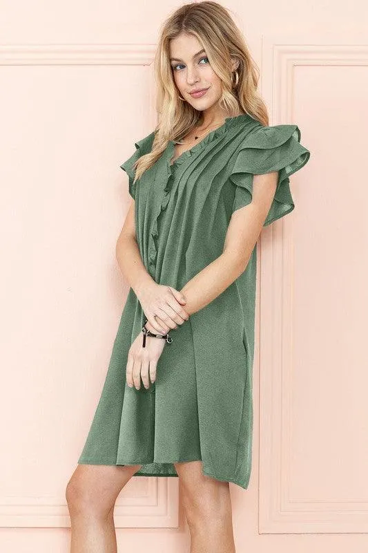 Ruffle Sleeve V neck dress w/ pocket