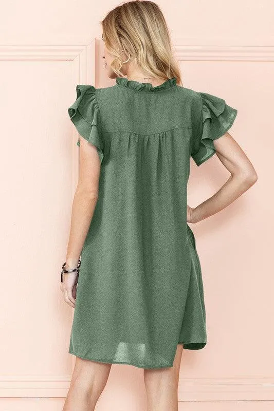 Ruffle Sleeve V neck dress w/ pocket