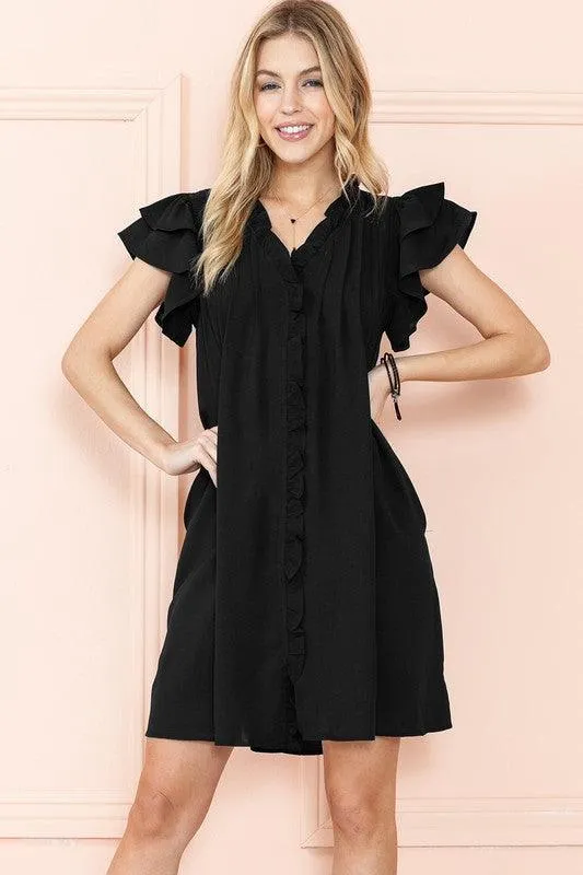 Ruffle Sleeve V neck dress w/ pocket