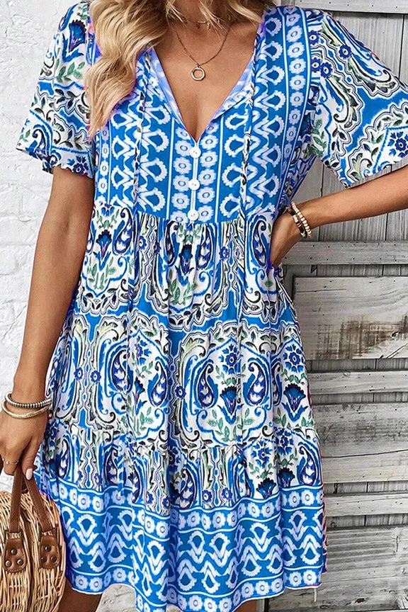 Short Sleeves Bohemia V Neck Ruffle Dress - Blue