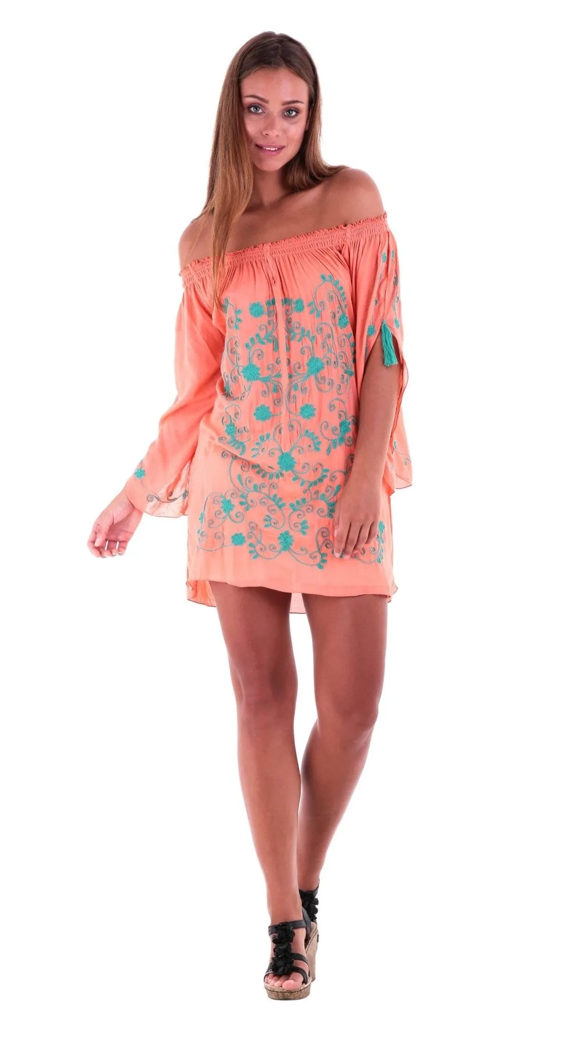 SHU-SHI Women's Boho Tunic Top - Off The Shoulder Mini Dress - Embroidered Bathing Suit Cover-Up