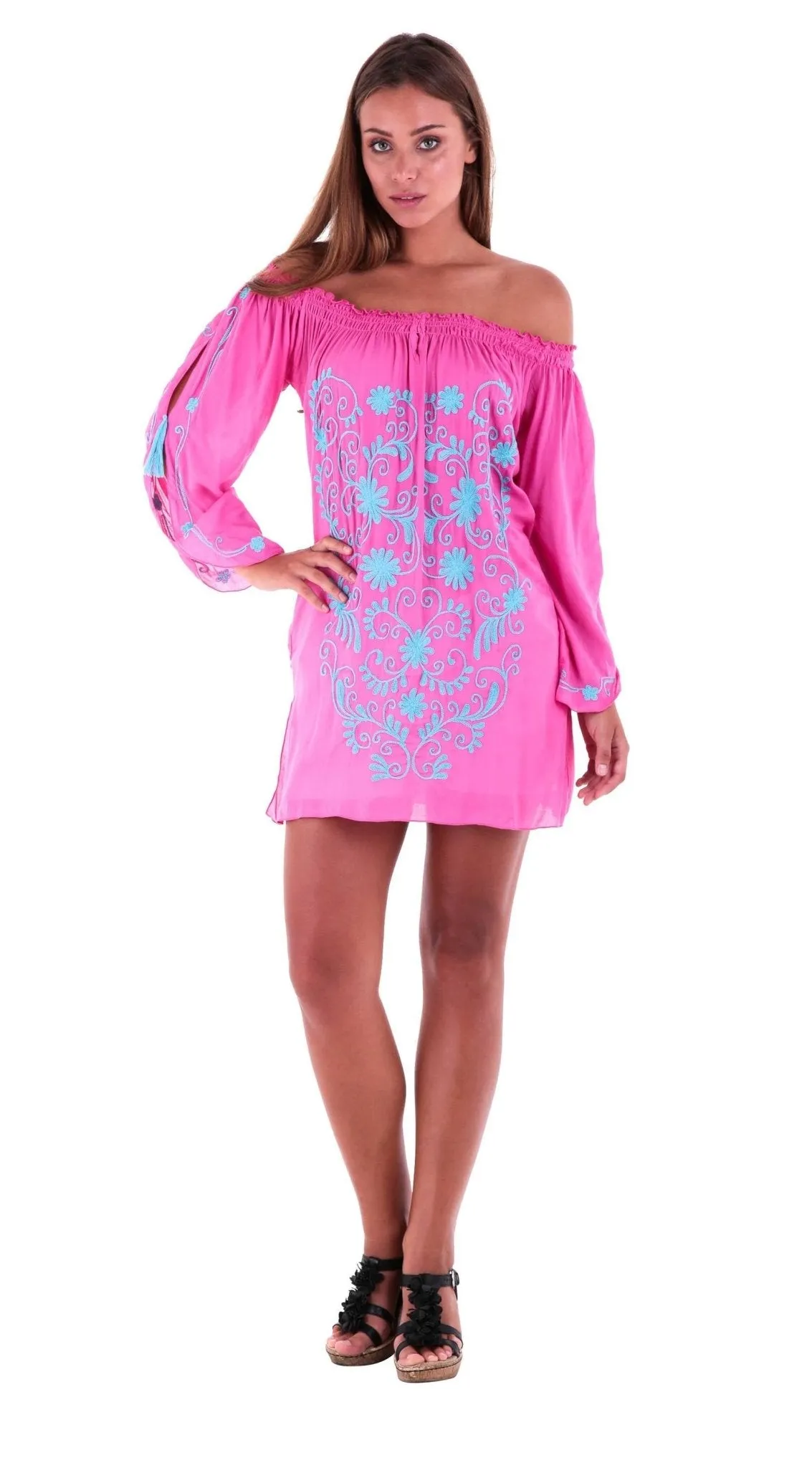 SHU-SHI Women's Boho Tunic Top - Off The Shoulder Mini Dress - Embroidered Bathing Suit Cover-Up