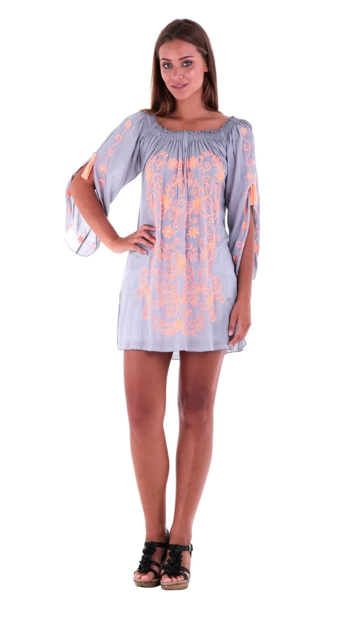 SHU-SHI Women's Boho Tunic Top - Off The Shoulder Mini Dress - Embroidered Bathing Suit Cover-Up