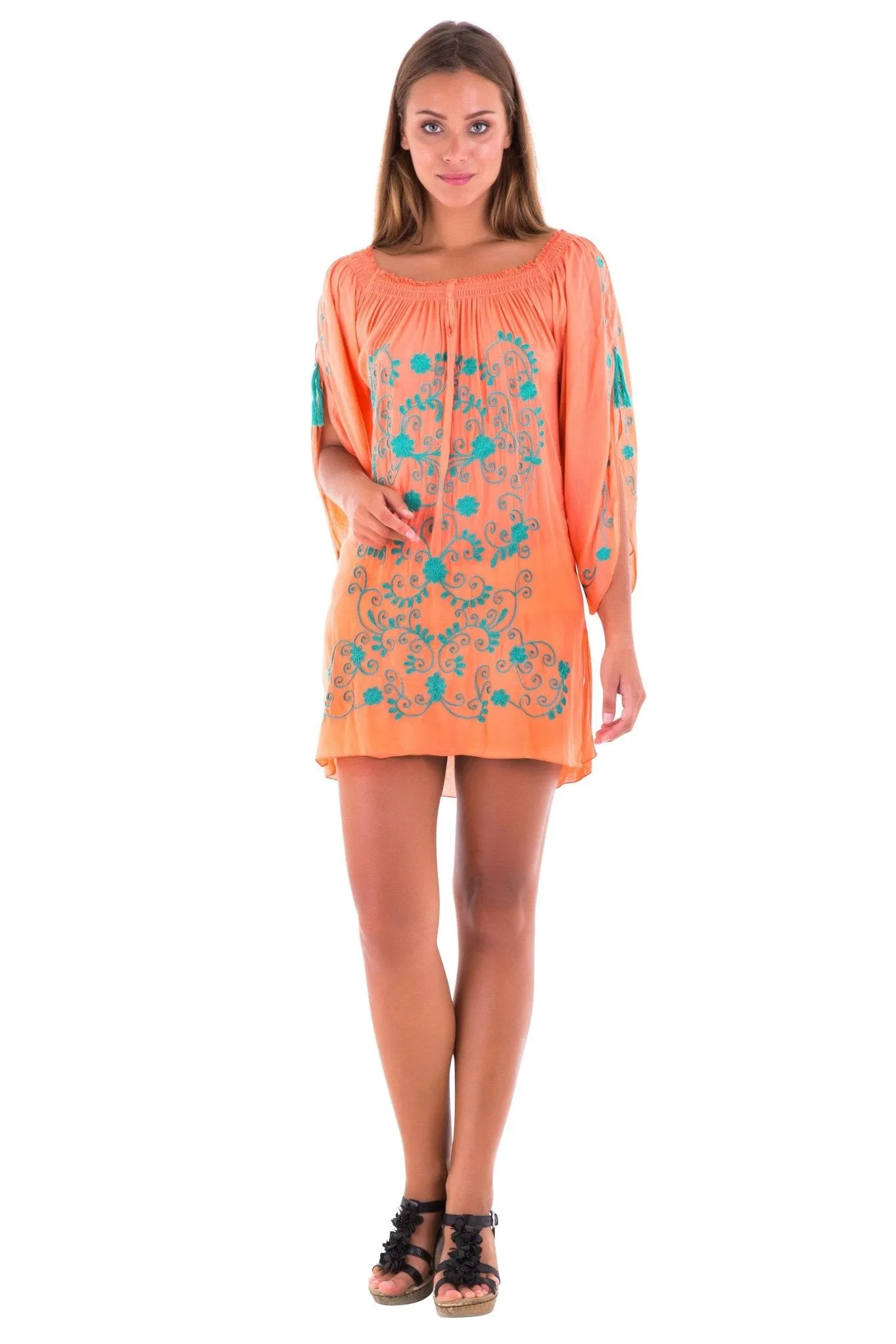 SHU-SHI Women's Boho Tunic Top - Off The Shoulder Mini Dress - Embroidered Bathing Suit Cover-Up