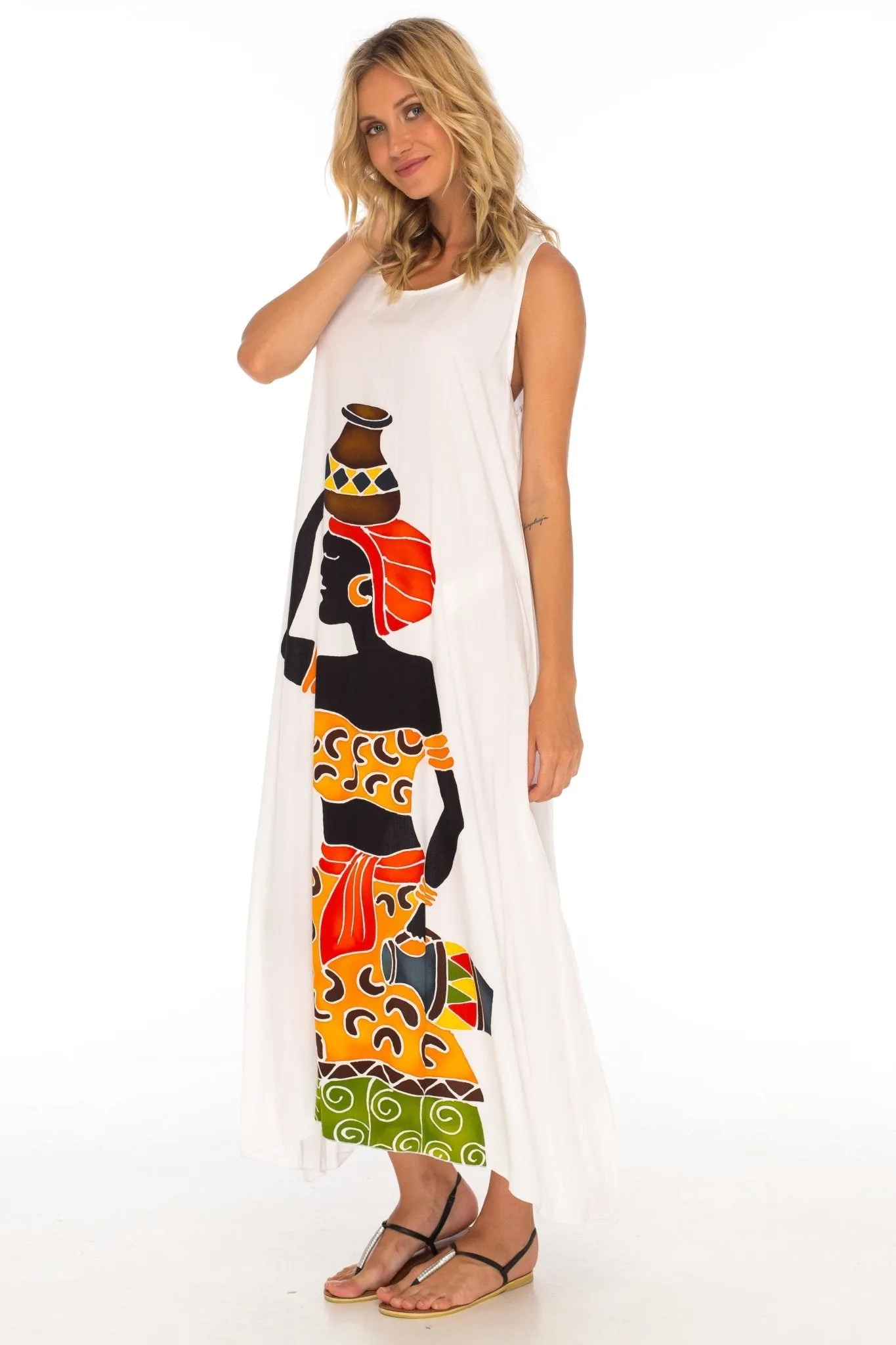 SHU-SHI Women's Loose Sleeveless Tank Dress - Casual Beach Cover-Up Sundress with Hand-Painted Tribal Design