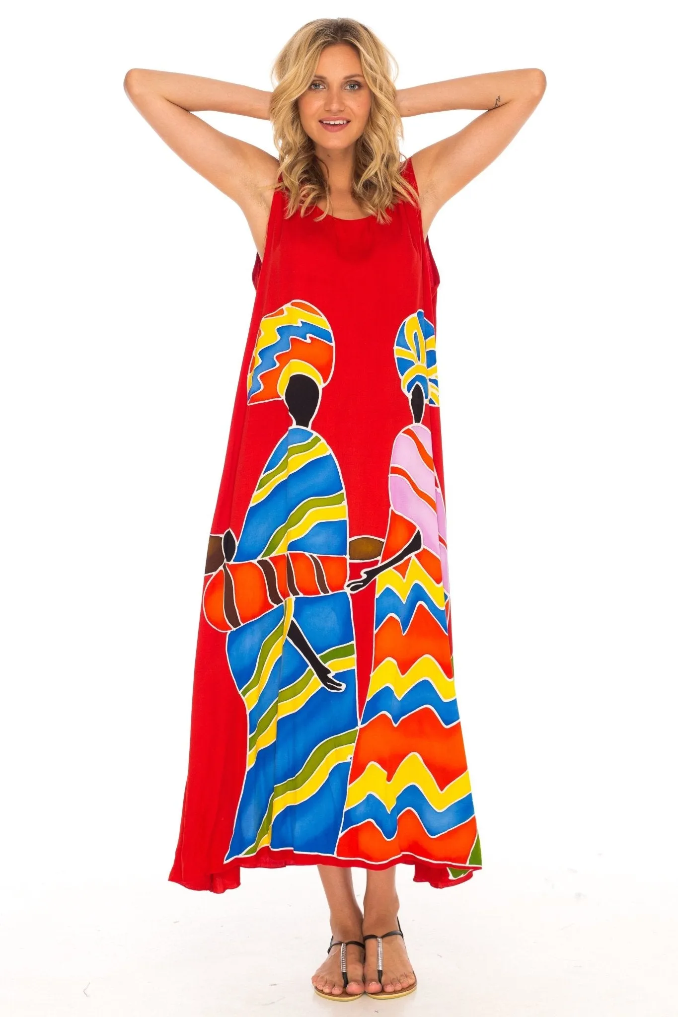 SHU-SHI Women's Loose Sleeveless Tank Dress - Casual Beach Cover-Up Sundress with Hand-Painted Tribal Design