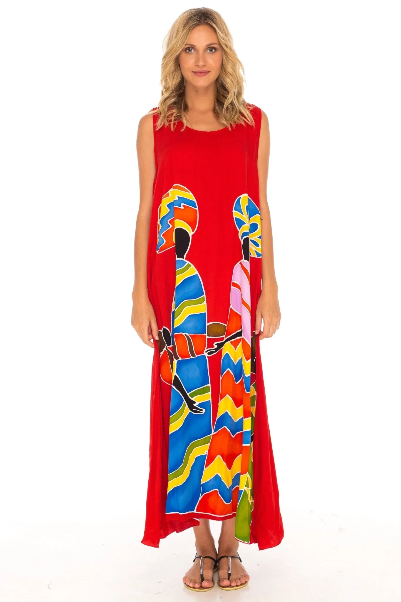 SHU-SHI Women's Loose Sleeveless Tank Dress - Casual Beach Cover-Up Sundress with Hand-Painted Tribal Design