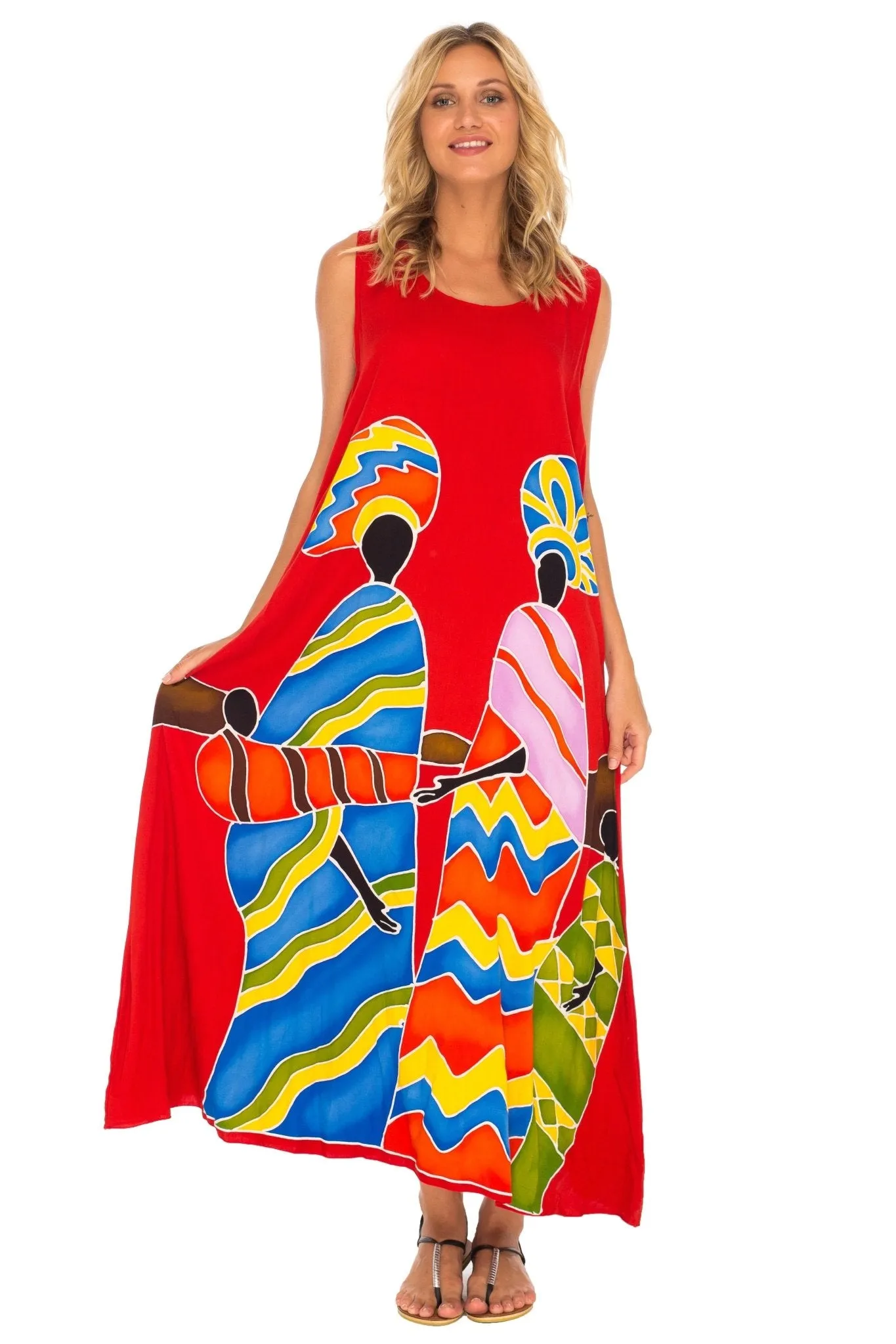 SHU-SHI Women's Loose Sleeveless Tank Dress - Casual Beach Cover-Up Sundress with Hand-Painted Tribal Design