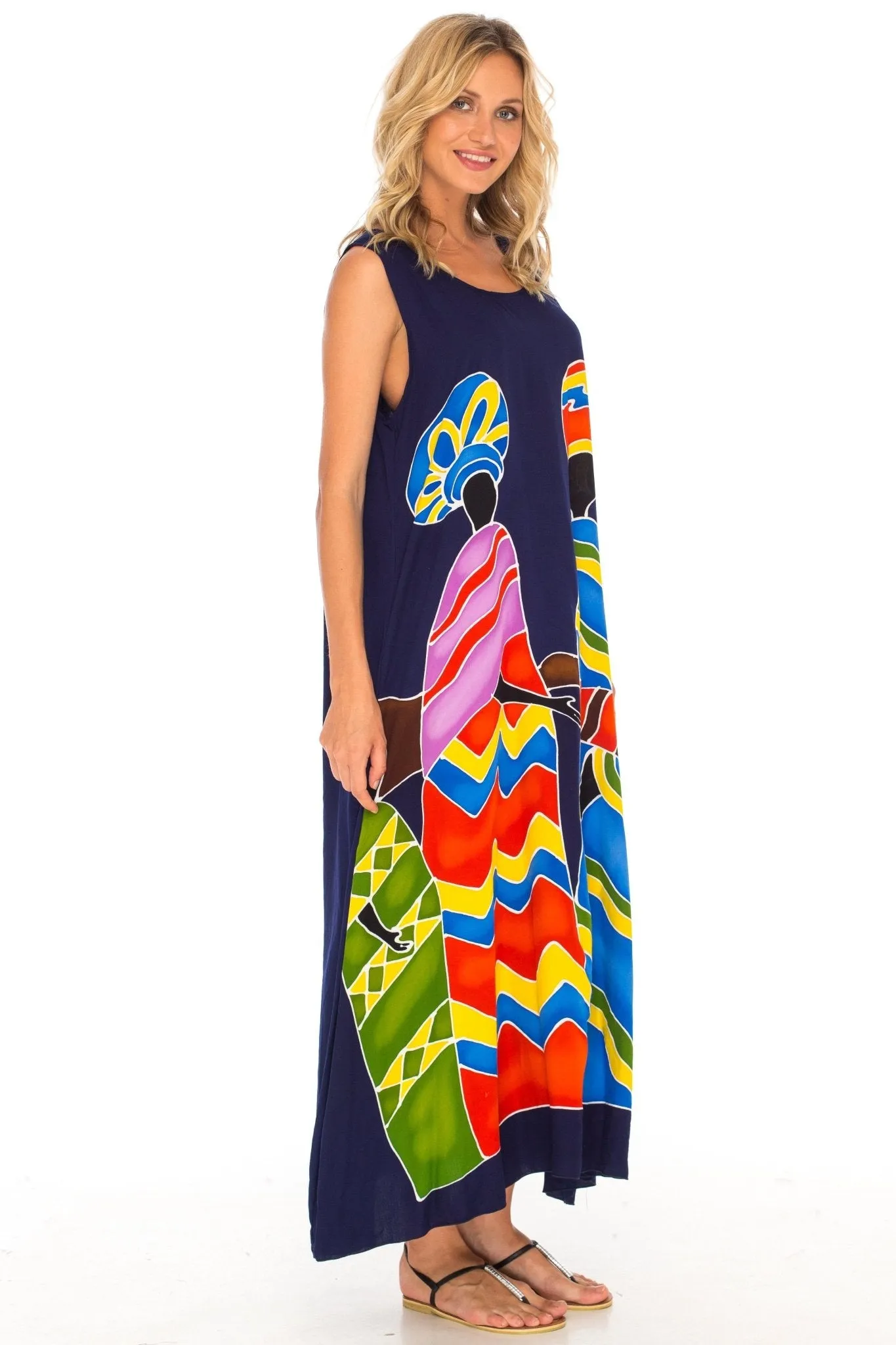 SHU-SHI Women's Loose Sleeveless Tank Dress - Casual Beach Cover-Up Sundress with Hand-Painted Tribal Design