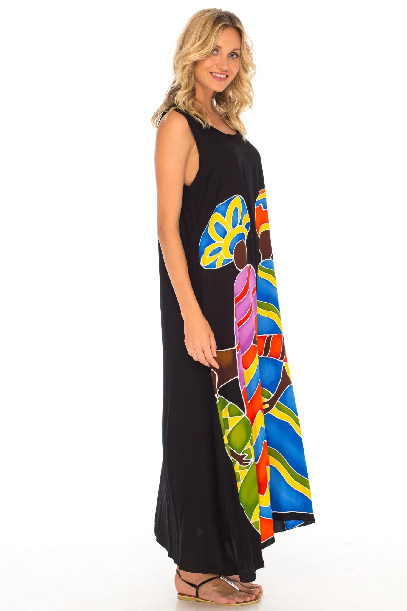 SHU-SHI Women's Loose Sleeveless Tank Dress - Casual Beach Cover-Up Sundress with Hand-Painted Tribal Design