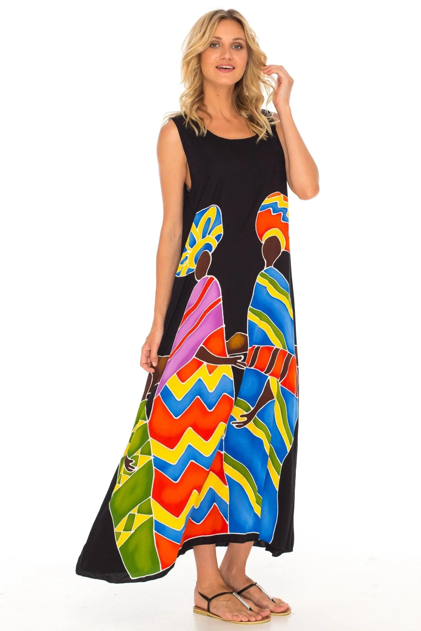 SHU-SHI Women's Loose Sleeveless Tank Dress - Casual Beach Cover-Up Sundress with Hand-Painted Tribal Design