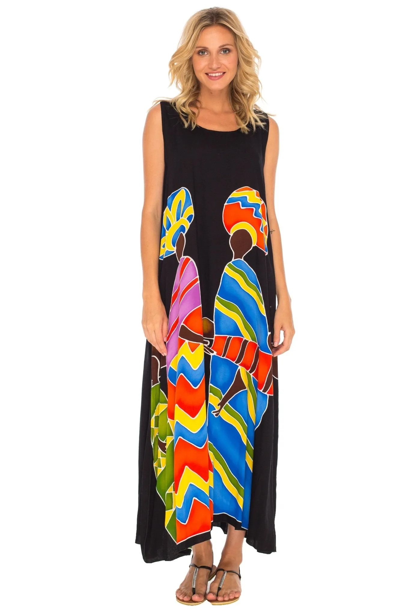 SHU-SHI Women's Loose Sleeveless Tank Dress - Casual Beach Cover-Up Sundress with Hand-Painted Tribal Design