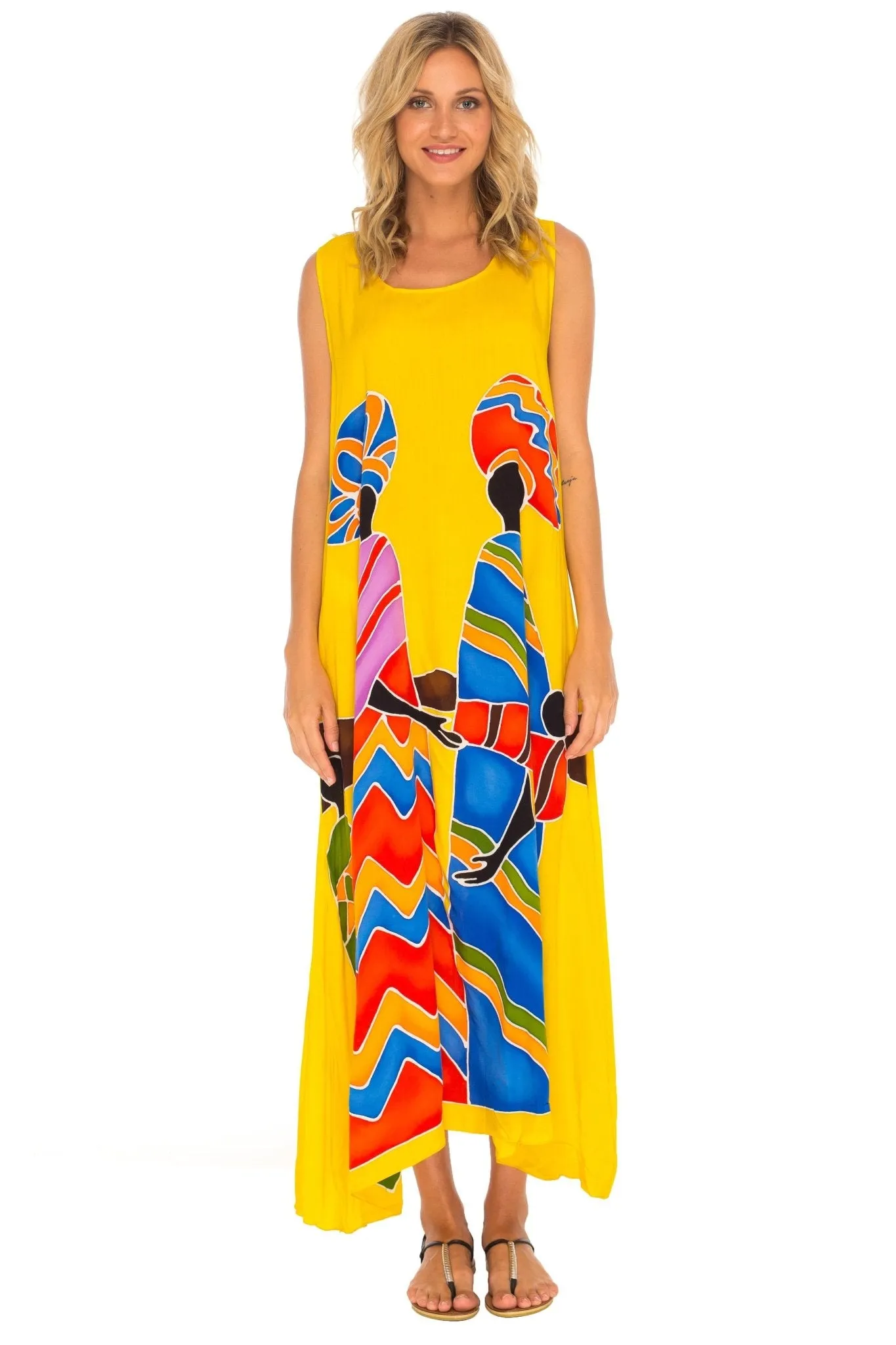 SHU-SHI Women's Loose Sleeveless Tank Dress - Casual Beach Cover-Up Sundress with Hand-Painted Tribal Design