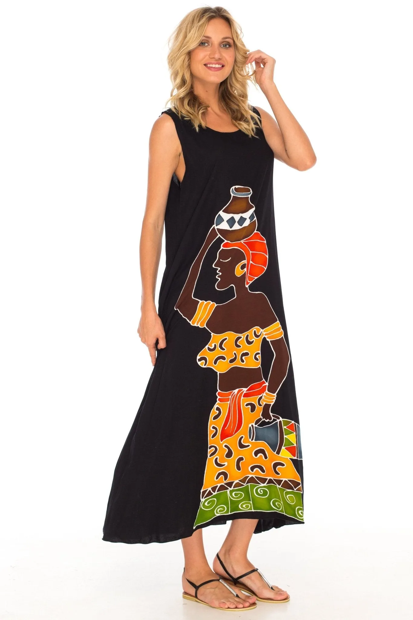 SHU-SHI Women's Loose Sleeveless Tank Dress - Casual Beach Cover-Up Sundress with Hand-Painted Tribal Design