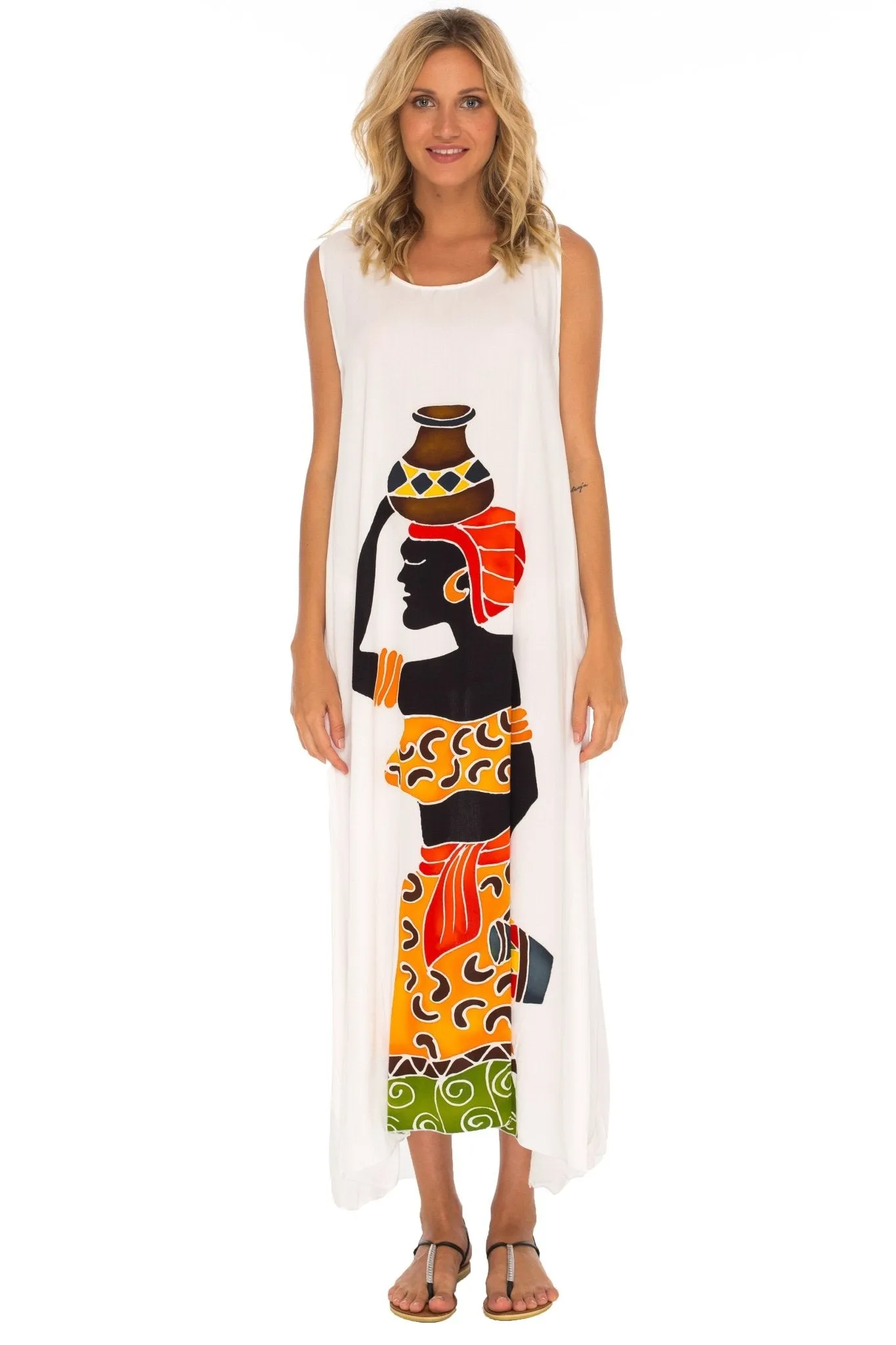 SHU-SHI Women's Loose Sleeveless Tank Dress - Casual Beach Cover-Up Sundress with Hand-Painted Tribal Design