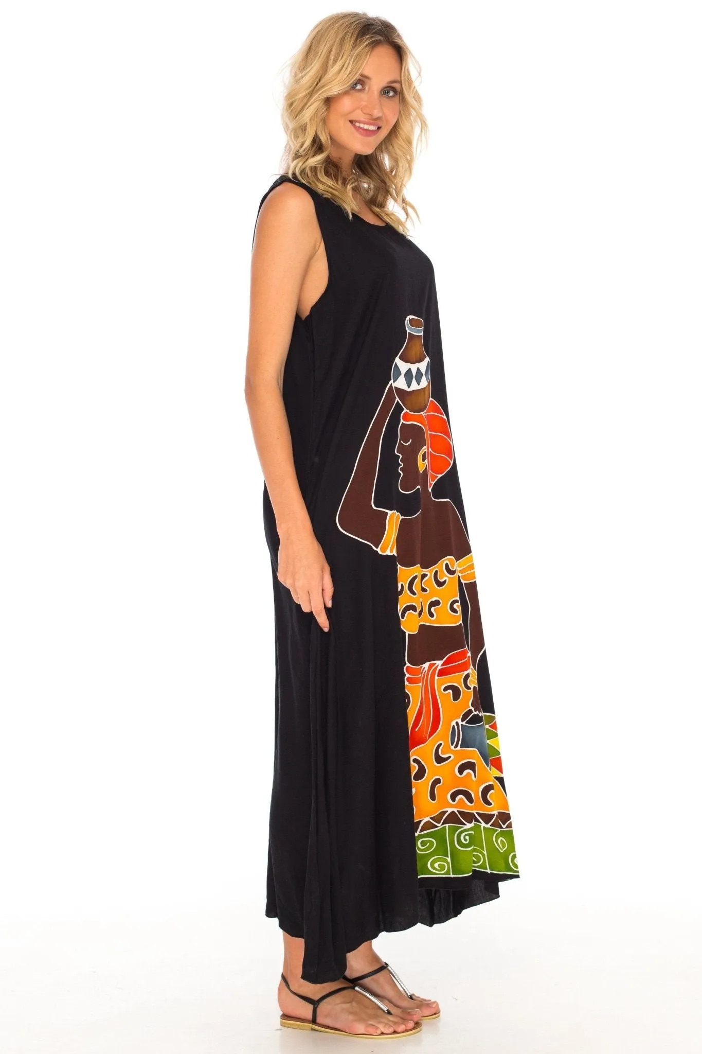 SHU-SHI Women's Loose Sleeveless Tank Dress - Casual Beach Cover-Up Sundress with Hand-Painted Tribal Design