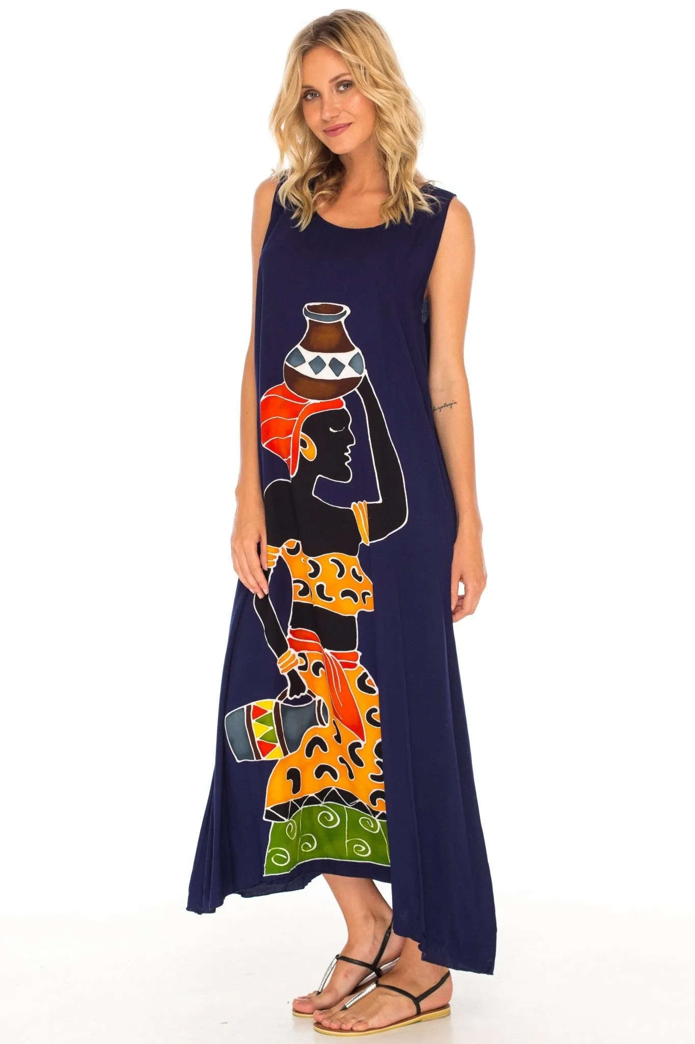 SHU-SHI Women's Loose Sleeveless Tank Dress - Casual Beach Cover-Up Sundress with Hand-Painted Tribal Design