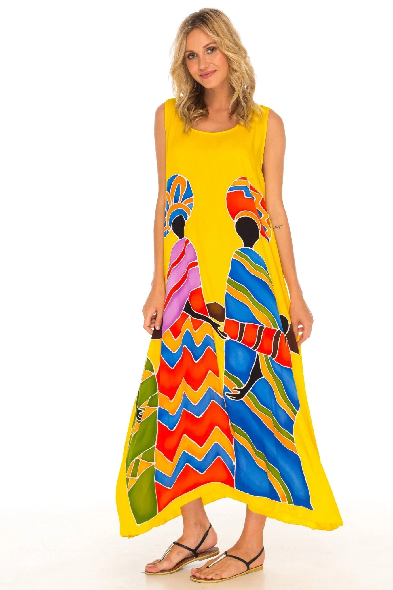 SHU-SHI Women's Loose Sleeveless Tank Dress - Casual Beach Cover-Up Sundress with Hand-Painted Tribal Design