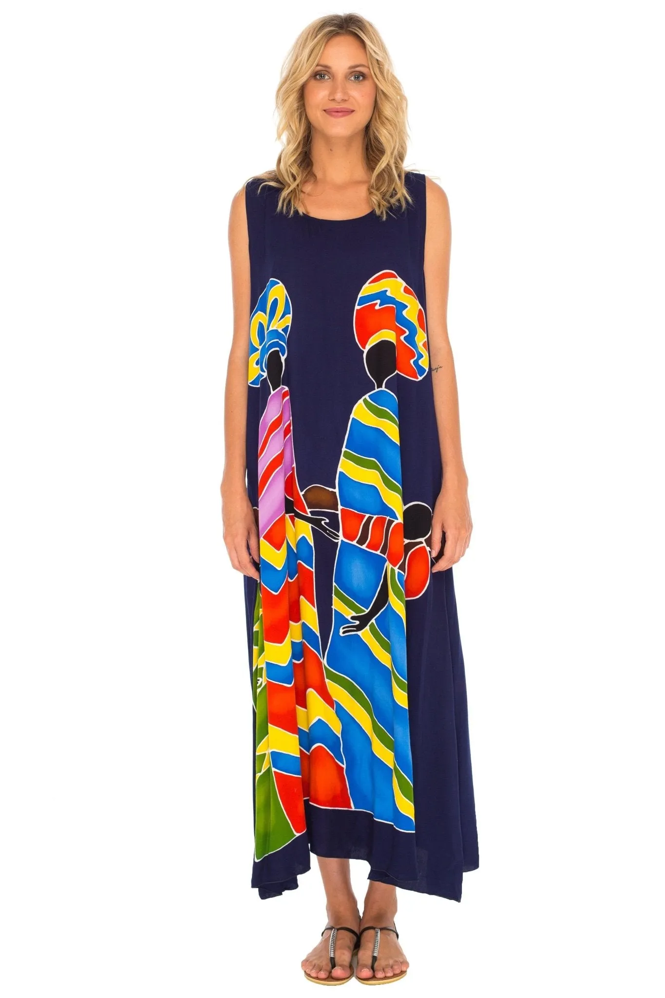 SHU-SHI Women's Loose Sleeveless Tank Dress - Casual Beach Cover-Up Sundress with Hand-Painted Tribal Design