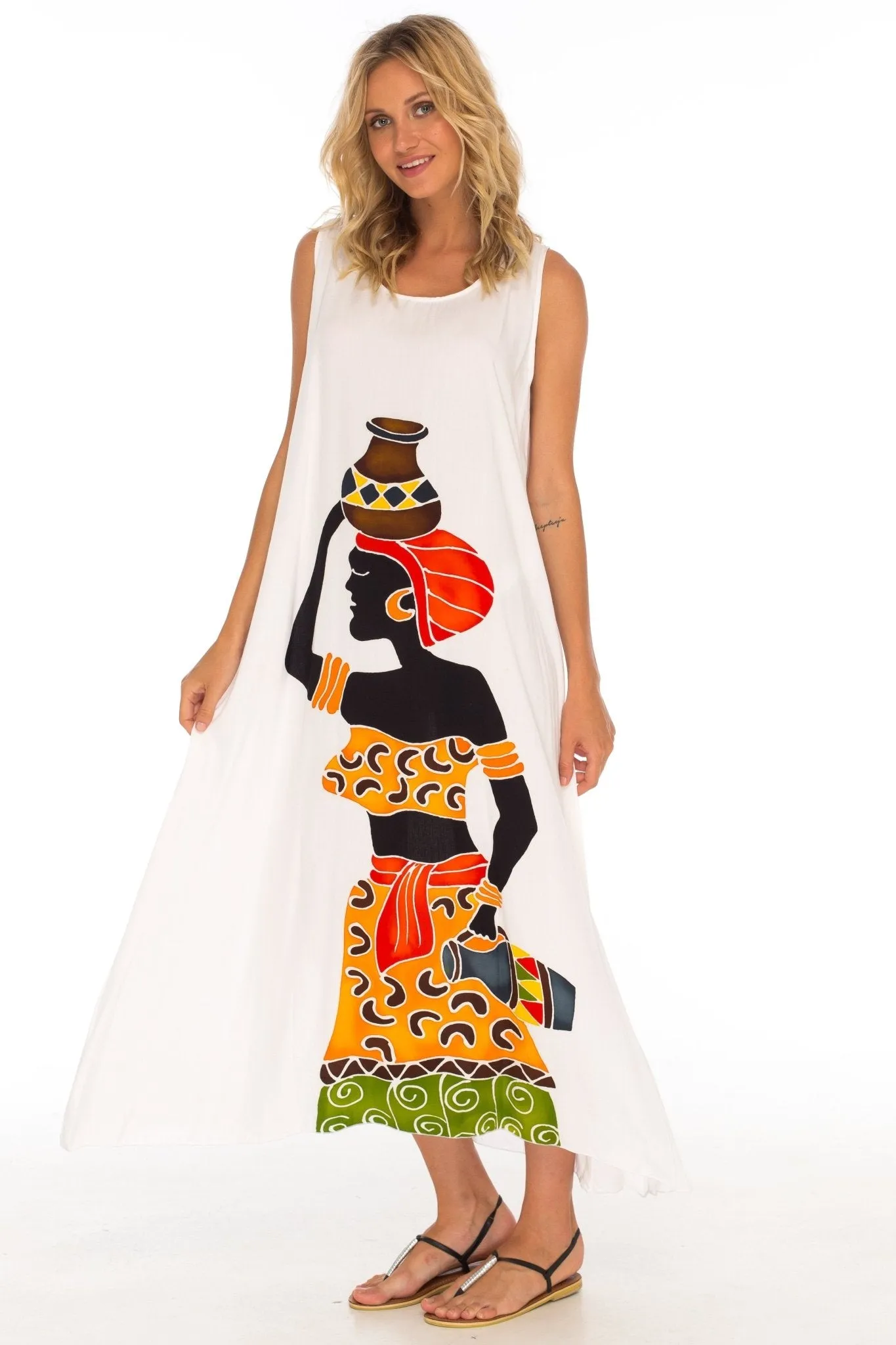 SHU-SHI Women's Loose Sleeveless Tank Dress - Casual Beach Cover-Up Sundress with Hand-Painted Tribal Design