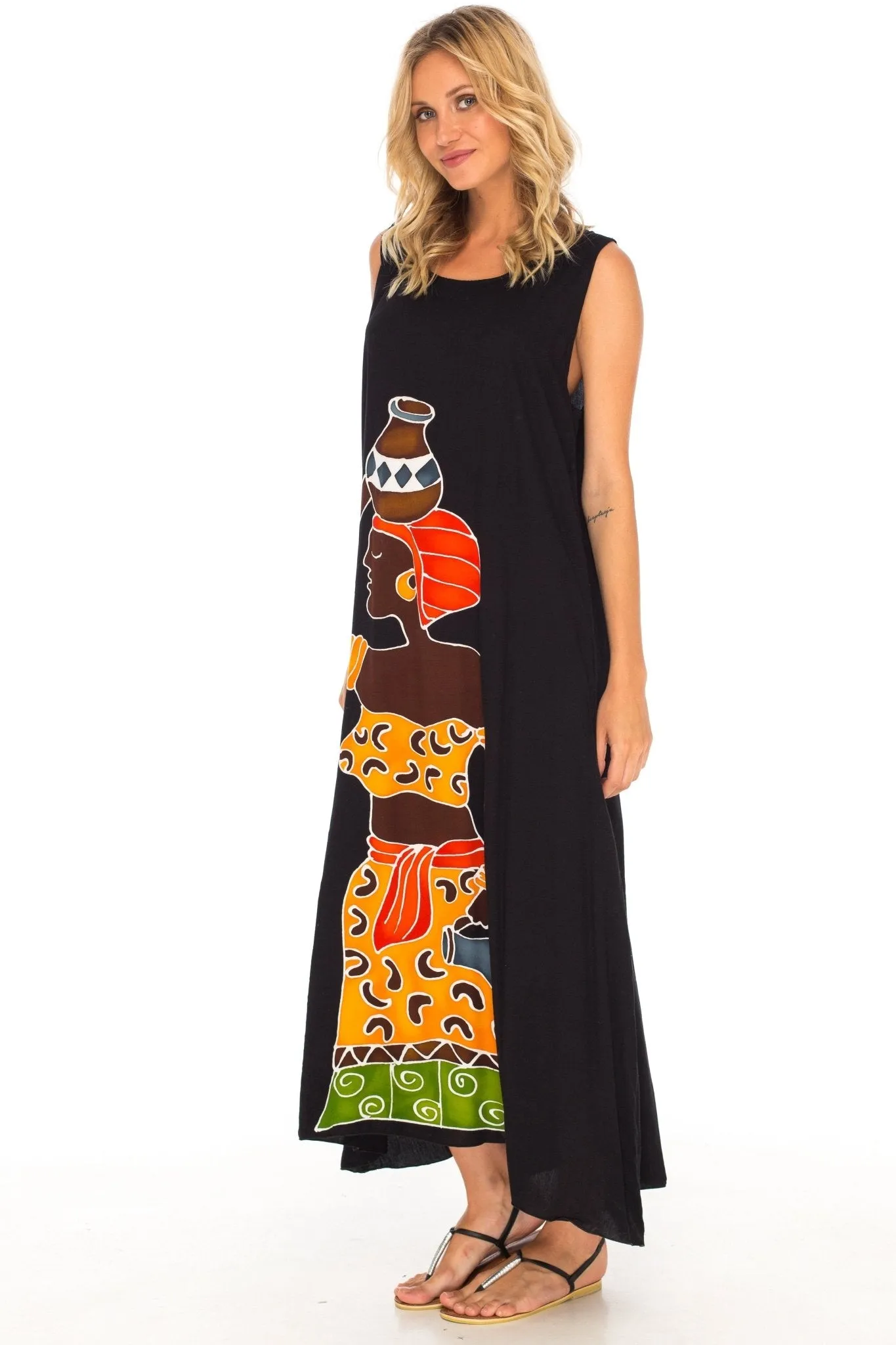 SHU-SHI Women's Loose Sleeveless Tank Dress - Casual Beach Cover-Up Sundress with Hand-Painted Tribal Design